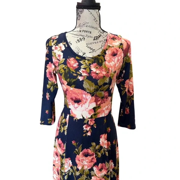 Tea N Rose Navy Pink Floral 3/4 Sleeve Maxi Dress AD63292 Small - Picture 2 of 6